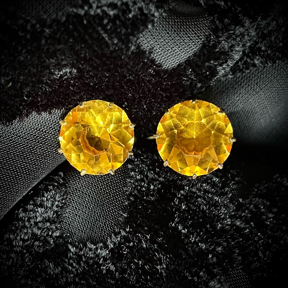 Antique Amber Glass Faceted brass screw back earrings